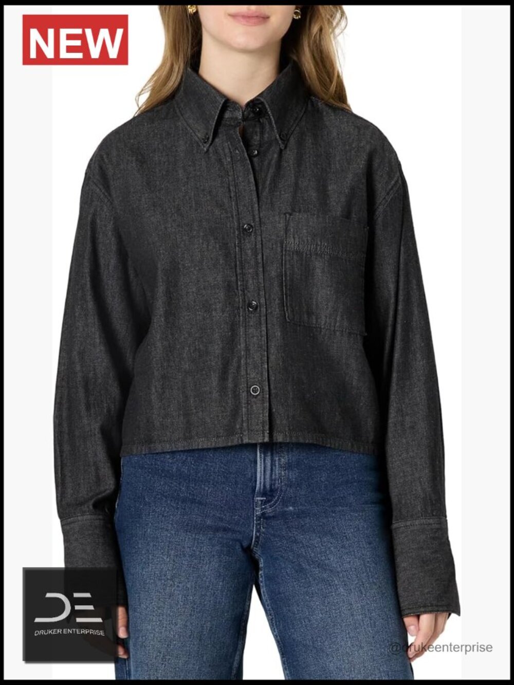 Oversized Cropped Denim Button Down Shirt